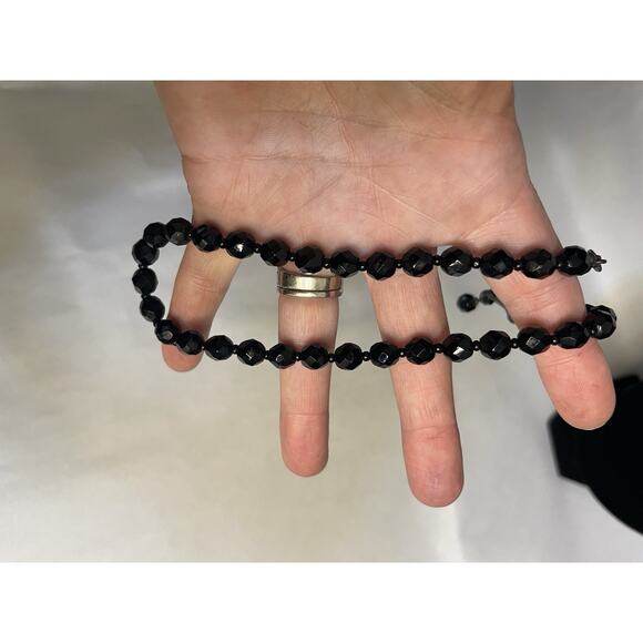 Miriam Haskell Black Faceted Art Glass Bead Necklace Hook Extender Signed - Picture 4 of 7